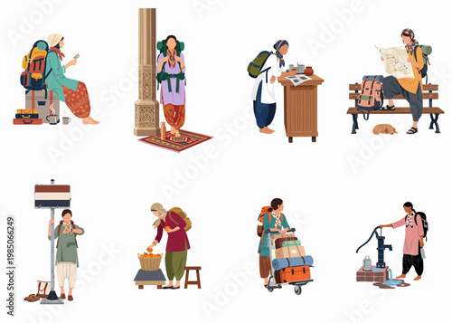 Diverse set of flat vector illustrations featuring South Asian women exploring and traveling in various scenarios with backpacks and luggage.