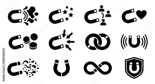 Magnet Attraction Concept Silhouettes Set Marketing Lead Generation Icons Black Vector