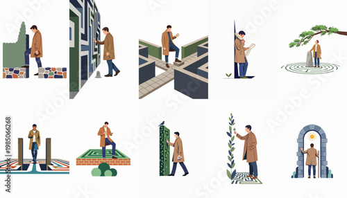 Flat vector illustrations of a man navigating mazes, representing decision making, direction finding, problem solving, and life journey metaphors in various conceptual scenes.