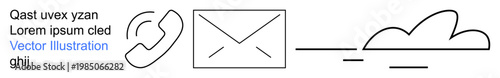 Communication tools, digital networking, cloud storage, messaging systems, connectivity, online interaction. Phone receiver, email envelope and cloud synced via lines. Communication and digital