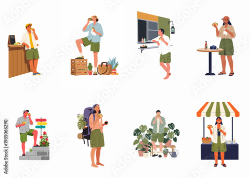 Illustrations of diverse travelers and locals enjoying delicious Mexican tacos at street food stalls and various outdoor locations during summer adventures.