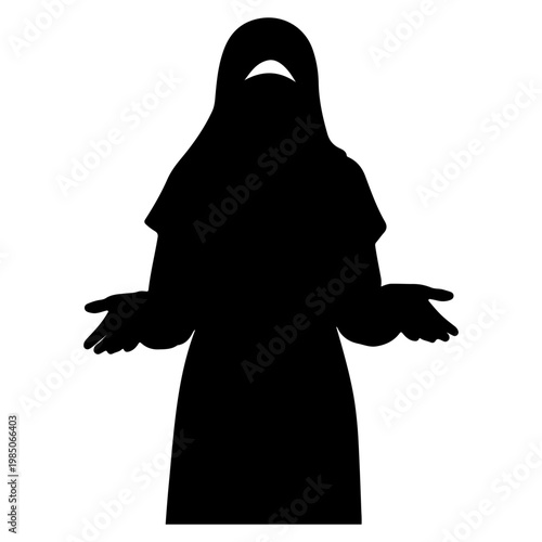 Silhouette of a Muslim woman in hijab with open hands.