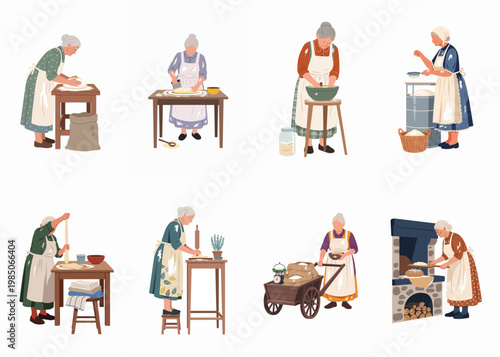 Set of illustrations depicting elderly women engaged in traditional bread making processes, from kneading dough to baking in a stone oven.
