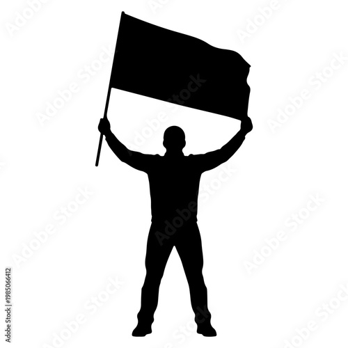 Silhouette of a person holding a large blank flag.