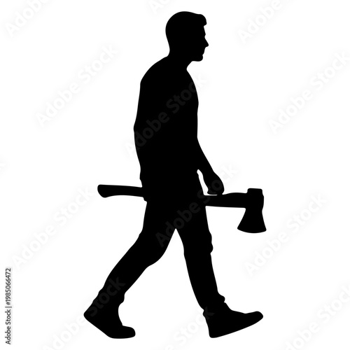 Silhouette of a man walking with an axe.