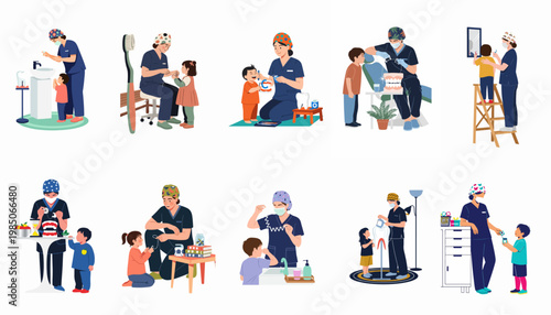Flat vector illustration set of a pediatric dentist teaching children about dental hygiene, tooth brushing, flossing, and oral care in a clinic.