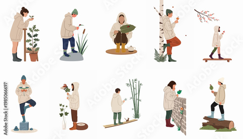 Set of flat minimalist illustrations showing people in oversized hoodies interacting with nature, plants, and insects in various serene outdoor scenes.