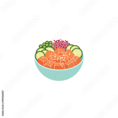 Fresh salmon poke bowl with cucumber, radish, and sesame seeds, a vibrant and healthy meal presented in a light blue bowl