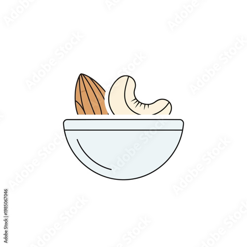 Minimalist vector illustration of a small ceramic bowl filled with an almond and a cashew, perfect for healthy snack concepts or nutritional food designs