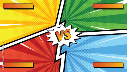 Comic style VS background with radial burst, bold colors and lightning for game battle screen
