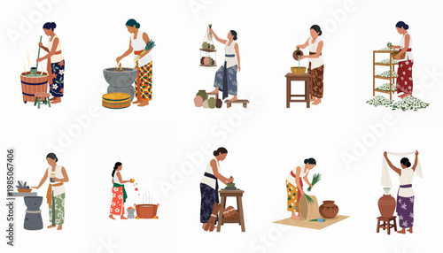 Vector illustration set of Balinese women in traditional dress performing daily activities like cooking, herbal medicine preparation, and flower processing