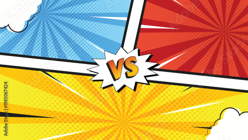 Comic style VS background with radial burst, bold colors and lightning for game battle screen