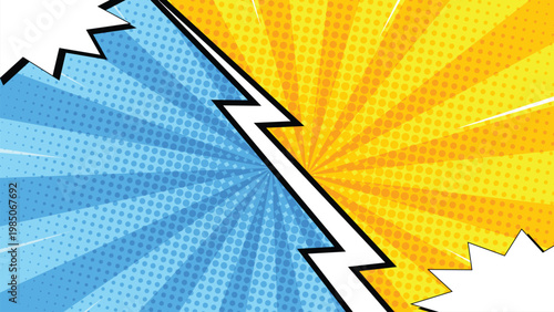 Comic versus background with colorful burst rays and lightning effect for battle game design
