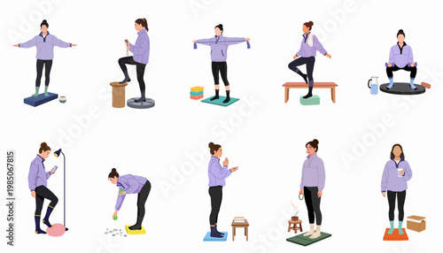 Vector illustration set of a woman performing various home workout, balance, and mindfulness exercises using different fitness equipment on a white background.