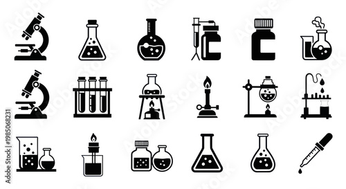Laboratory Equipment Icons: Microscope, Flasks, Test Tubes, Burner, Dropper