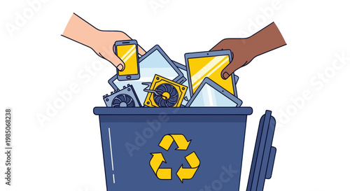 Recycling Electronic Waste: Hands Discarding Old Gadgets into Bin