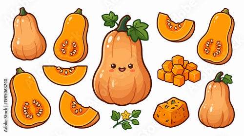 Cute Butternut Squash Character and Vegetable Set with Whole Sliced and Diced Pieces isolated on White