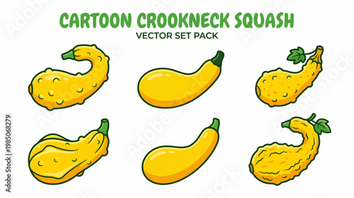 Yellow crookneck squash vector set pack featuring various bumpy and smooth cartoon illustrations