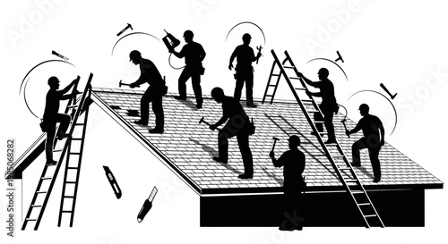 Roofing Construction Crew Silhouette Working Together on Residential House