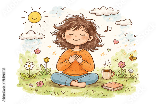 Quiet moment alone vector messy doodle icon person peaceful concept enjoying peace