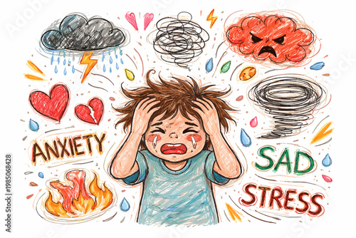 Imperfect image icon emotions person naive messy doodle simple generation vector overwhelmed