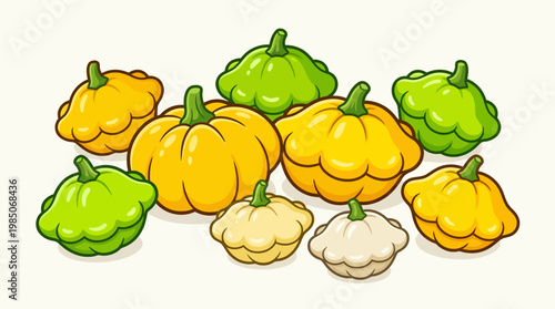 Composition of various patty pan squash illustrations in cartoon and vector style