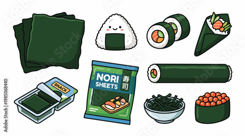Nori and sushi vector set of isolated illustrations in cartoon style