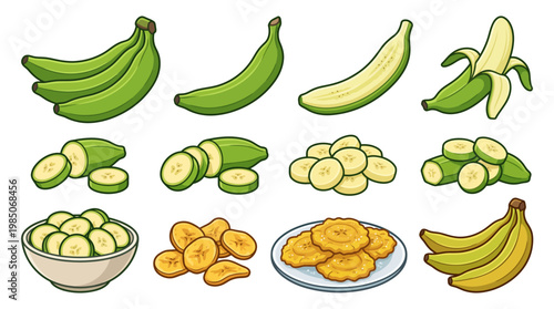 Green plantain collection with whole fruit sliced pieces and fried tostones snacks