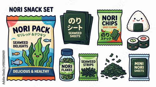 Nori snack set of isolated seaweed product illustrations in cartoon style