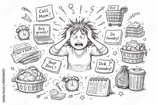 Naive childlike overwhelmed vector simple icon messy doodle small person image generation raw