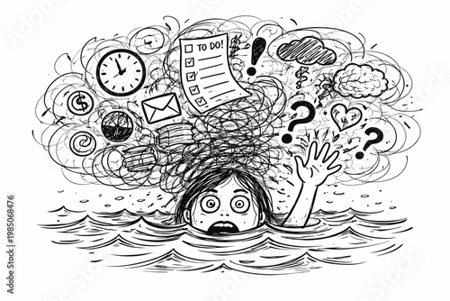 Simple thoughts sketch vector naive childlike doodle image rough person generation icon drowning