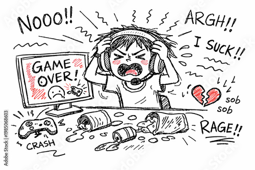 Reacting naive doodle gamer losing messy emotionally frustration icon style s vector
