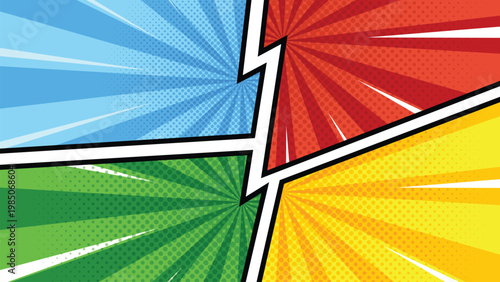 Comic versus background with colorful burst rays and lightning effect for battle game design