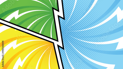 Comic versus background with colorful burst rays and lightning effect for battle game design