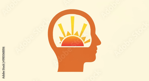Silhouette of a human head profile with a radiant sunrise inside, symbolizing new ideas, enlightenment, and the awakening of creativity in a minimalist, modern graphic style.