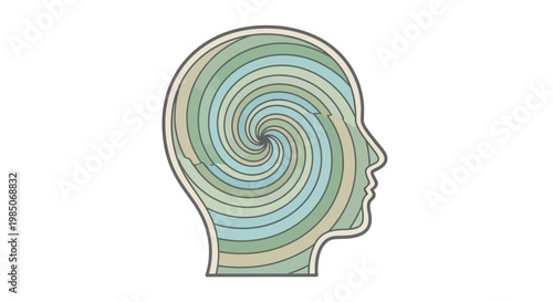 Abstract profile silhouette of a human head filled with a mesmerizing, colorful, pastel-toned spiral vortex, symbolizing thought, consciousness, and inner mind.