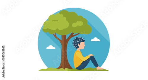 Young person contemplating life and abstract thoughts under a large green tree with long shadows on a peaceful blue sky background.