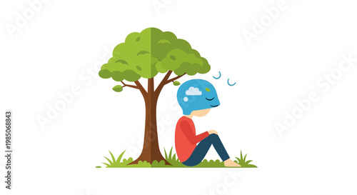 Sad, depressed person with a cloud and sun symbol on their head, sitting under a tree, representing emotional distress and inner turmoil.