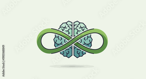 Conceptual flat graphic design symbol of a teal human brain integrated with a vibrant green infinity loop, signifying endless thought, cognition, and mental potential.