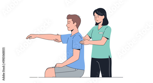 Physical therapist guides patient in arm extension exercise, focusing on rehabilitation and recovery in a modern, clean medical setting with flat design.