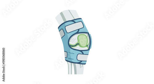 Light blue adjustable elbow brace with padded support and green circular cushion for injury recovery and sports protection, depicted in a clean vector graphic style on white background.