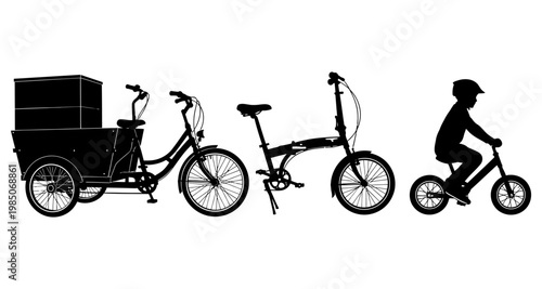 Diverse bicycles from cargo trike to child rider during transportation concept Isolated on white background