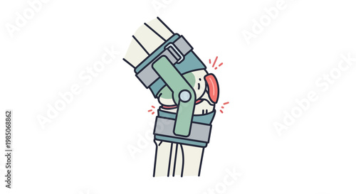 Detailed medical line art diagram of a human knee joint with brace, showcasing bone anatomy and joint pain sensation with vibrant red accents, clean vector style on white.
