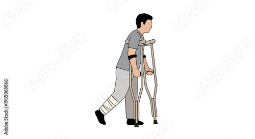 Man with injured leg and bandages walking with crutches, isolated on white background, flat design graphic, depicting recovery and rehabilitation journey.