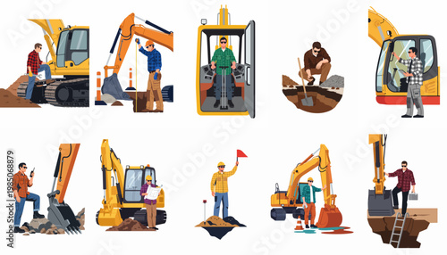 Collection of Construction Worker Vector Illustrations Operating Heavy Excavator Machinery and Performing Site Inspection Tasks for Building and Infrastructure Projects