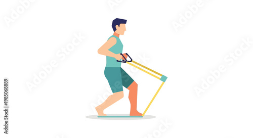 Man performing a seated row exercise with a resistance band, demonstrating strength training and fitness in a modern, flat graphic style with clean lines and vibrant colors.