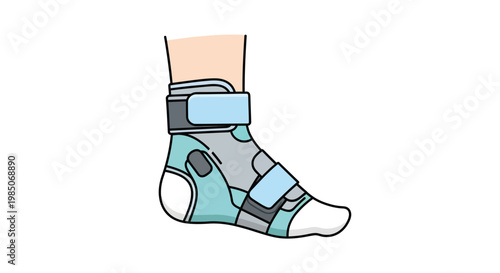 Close-up, side profile view of a modern medical orthopedic ankle brace with straps, designed for support and rehabilitation of the foot, depicted in a clean, minimalist graphic style.