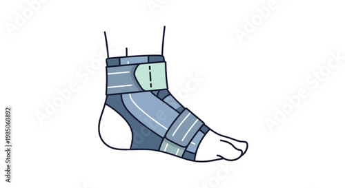 Detailed vector line art depiction of a modern, supportive ankle brace designed for injury recovery, featuring adjustable straps and a clean, minimalist aesthetic for medical or athletic con