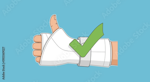 Hand with white plaster cast giving a thumbs up gesture, with a green checkmark, signifying recovery, healing, and positive prognosis in a simple flat design.