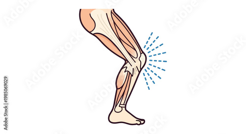 Anatomical diagram of human knee joint showing detailed musculature, bone structure, and ligamentous structures experiencing radiating pain or inflammation, clean vector style